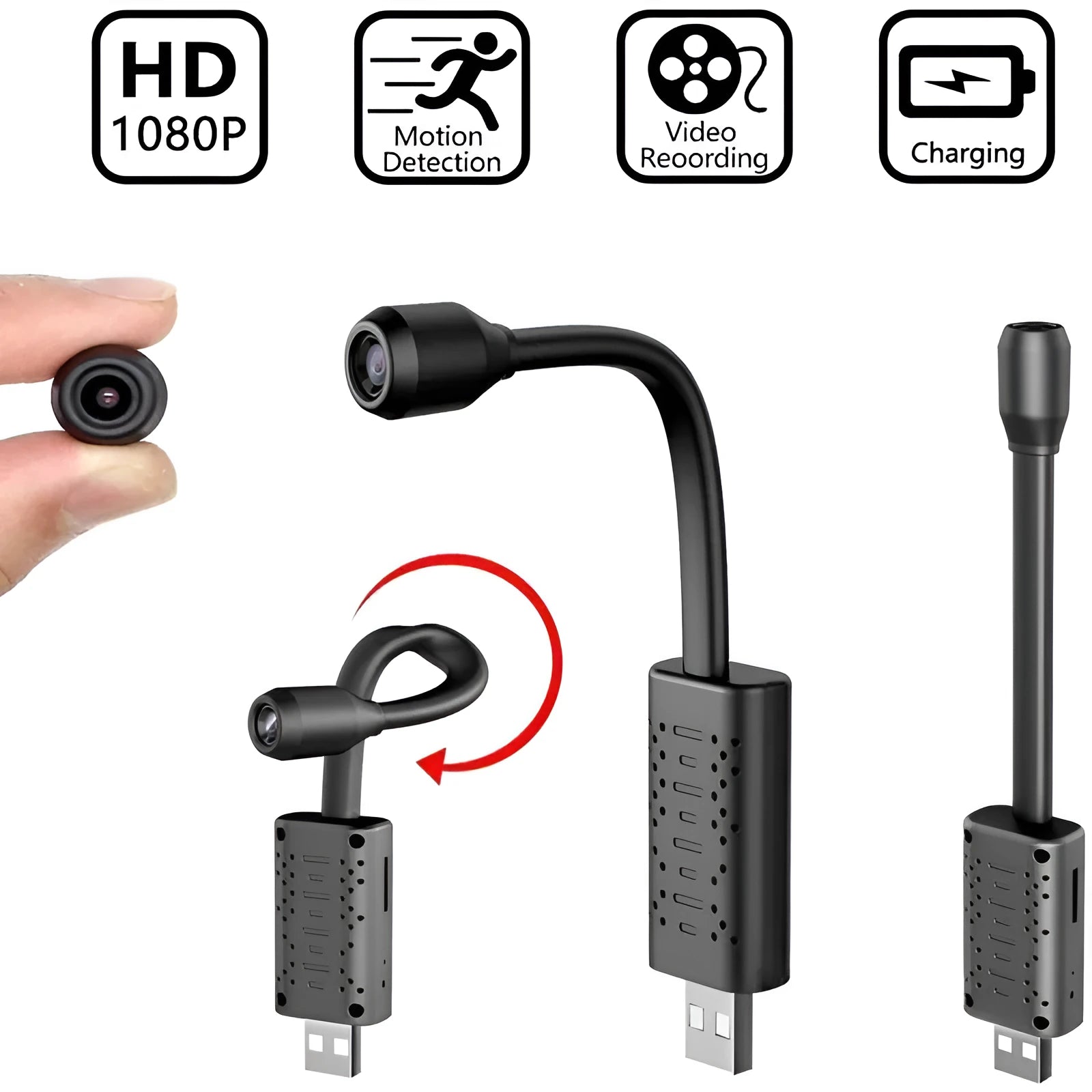 Black V380 wireless USB camera on a stand next to a microSD card and mobile power bank