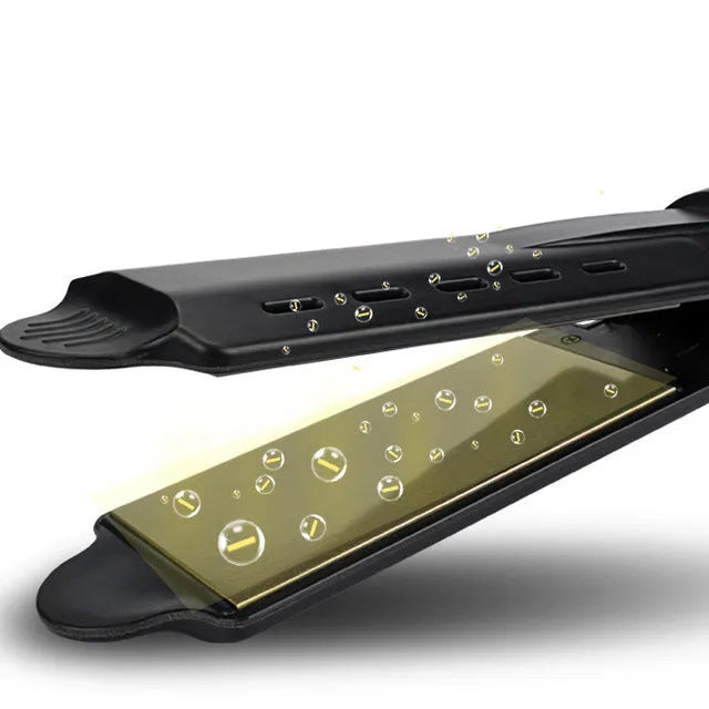 Black four-speed thermostat hair straightener with tourmaline ceramic plates, LCD control, and anti-scald groove