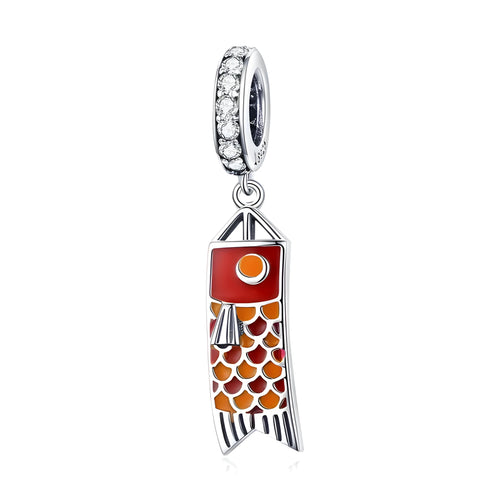 S925 sterling silver carp fish pendant with zircon stones, measuring 2.8cm tall.