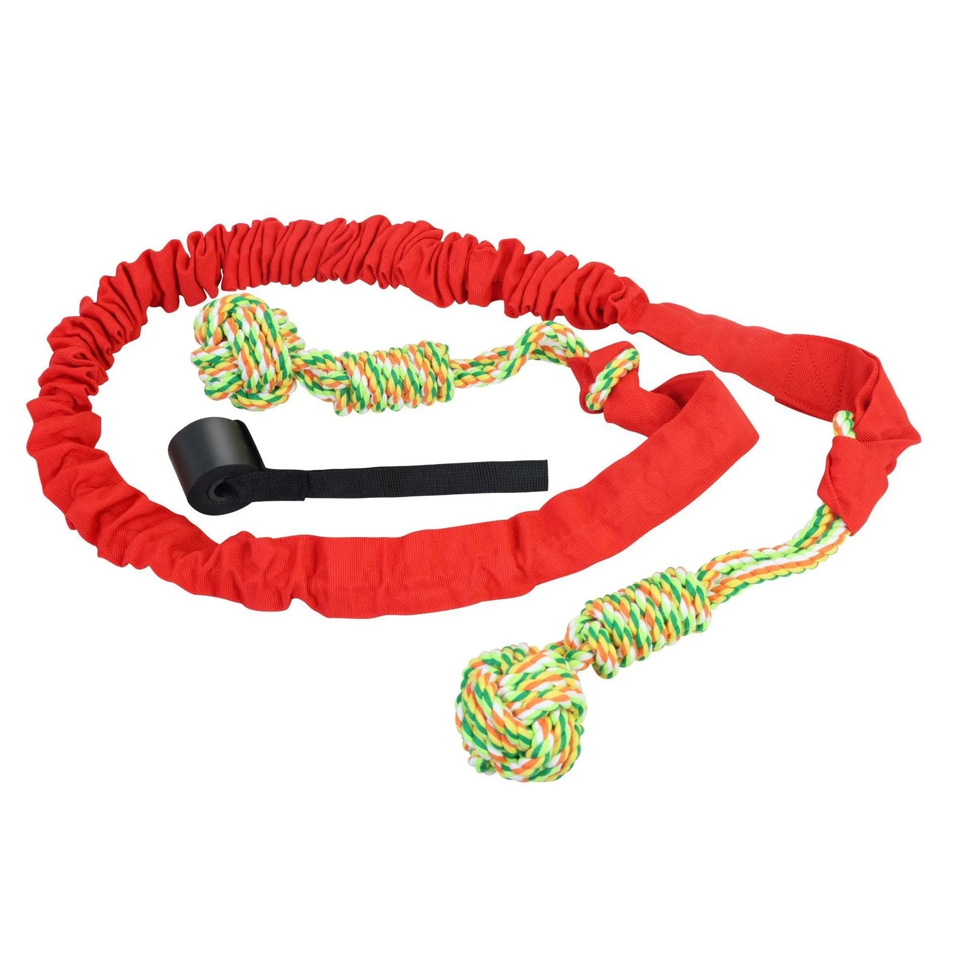A woven cotton rope dog tug toy in either black, grey, or red, held ready for a game of tug-of-war.
