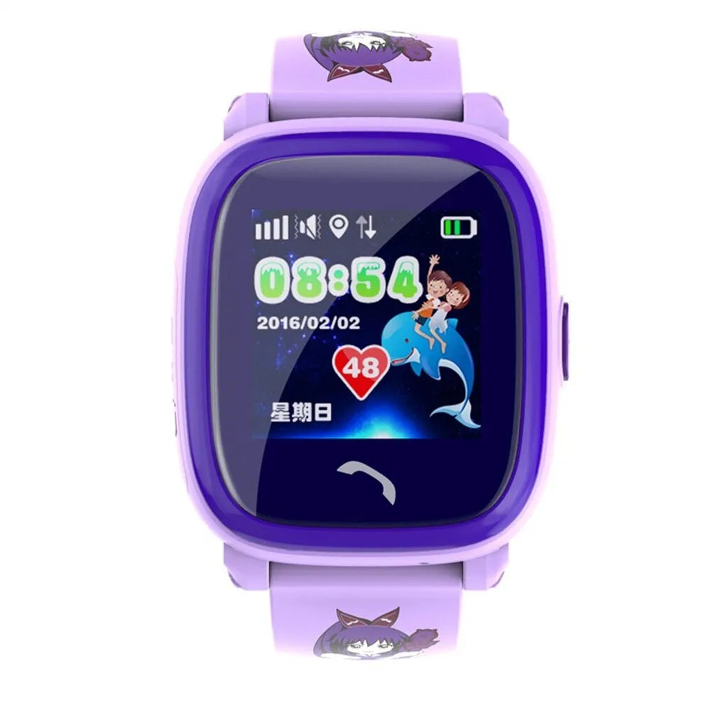Blue children's waterproof smart watch with touch screen display showing time and SOS icon on a silicone strap.