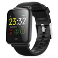 Q9 smart watch with 1.3 inch touch screen on silicone strap, black, showing heart rate display