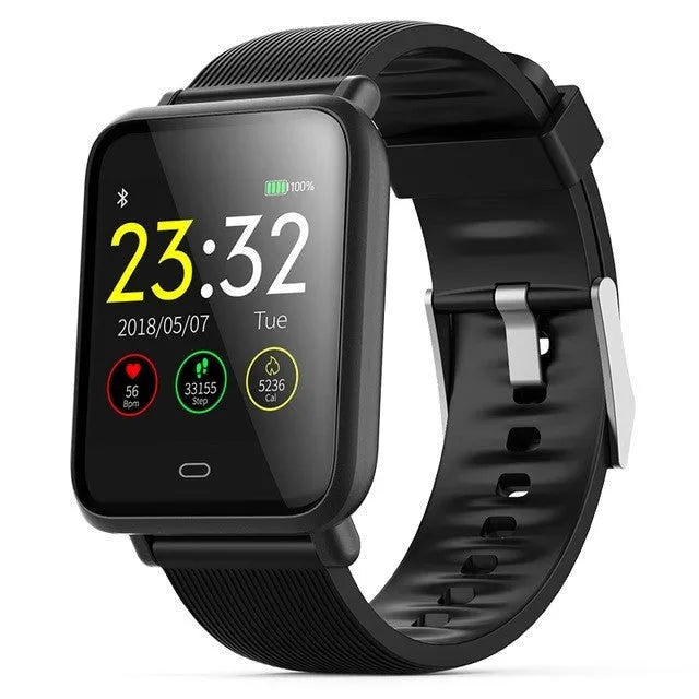 Q9 smart watch with 1.3 inch touch screen on silicone strap, black, showing heart rate display