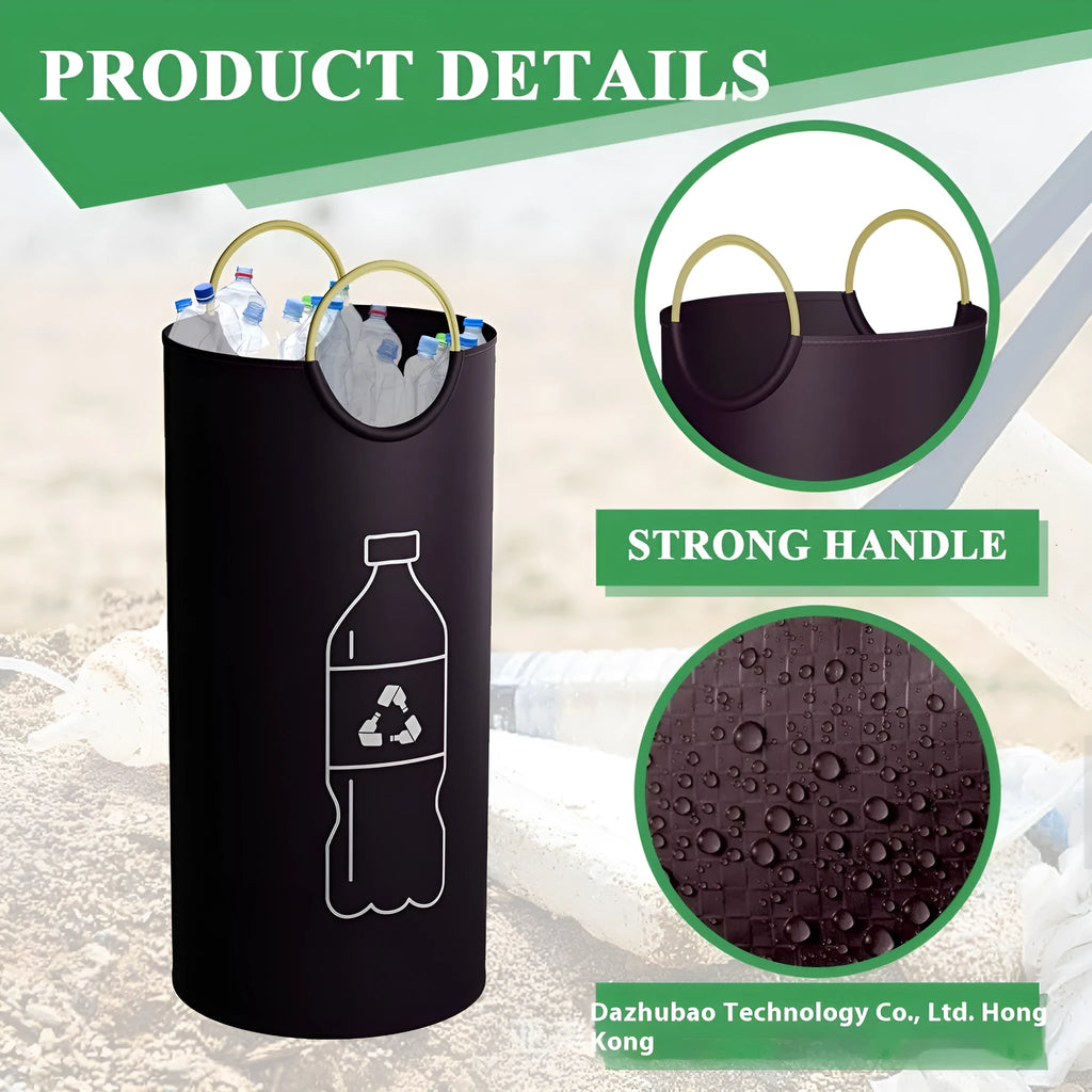 Round portable plastic trash can with a choice of plain or patterned finish, showing dimensions of 38cm wide by 72cm tall.
