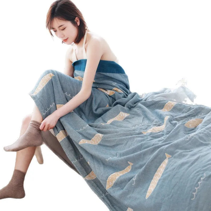 Blue Roulette Wheel pattern cotton towel blanket with thickened five-layer gauze construction