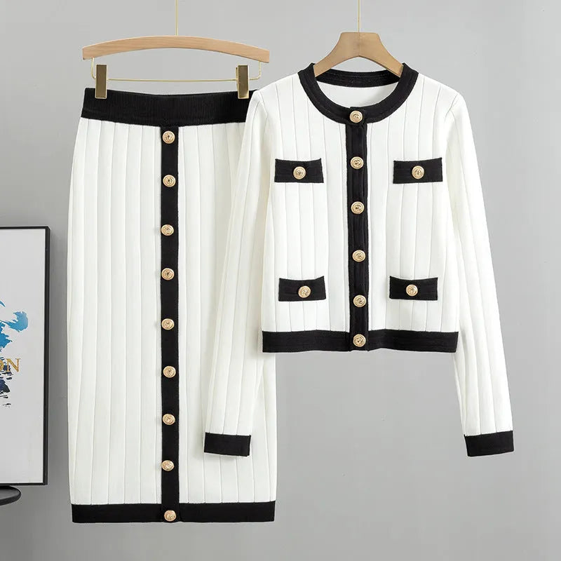 Women's knitted cardigan and skirt two-piece set in colour-block design, available in black, white, khaki, pink, viscose fibre fabric