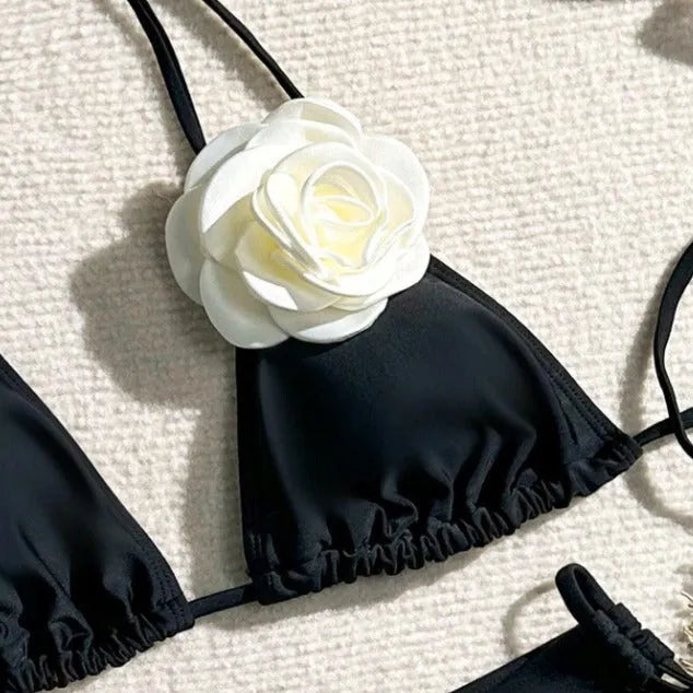 Black 3D flower lace bikini swimsuit with drawstring details and backless design
