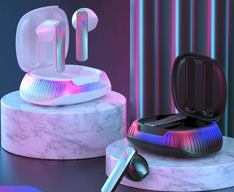 Hall flashing wireless gaming headset in black or white with earplug-style design