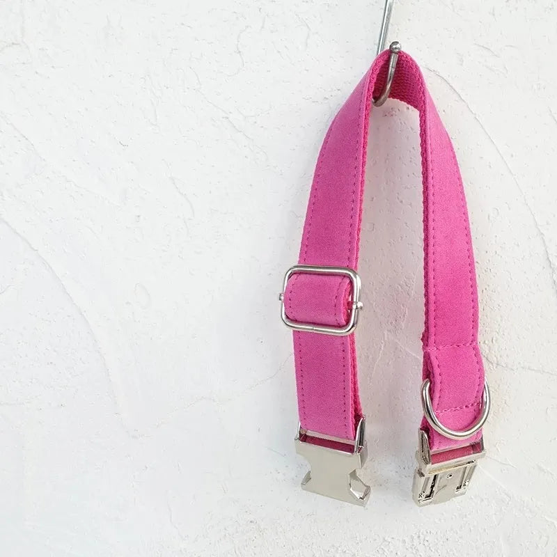 Pink velvet dog collar and matching leash set in polyester, available in sizes XS to XL
