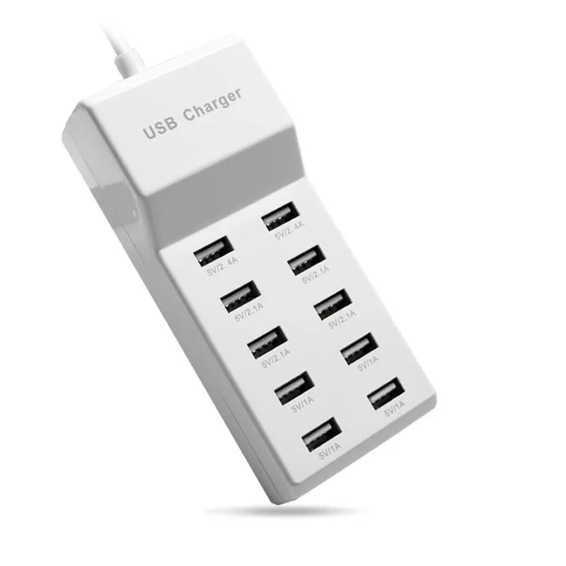 5V 2A USB multi-port charger with 5 ports, 10A output, overload protection, fireproof ABS housing, black colour