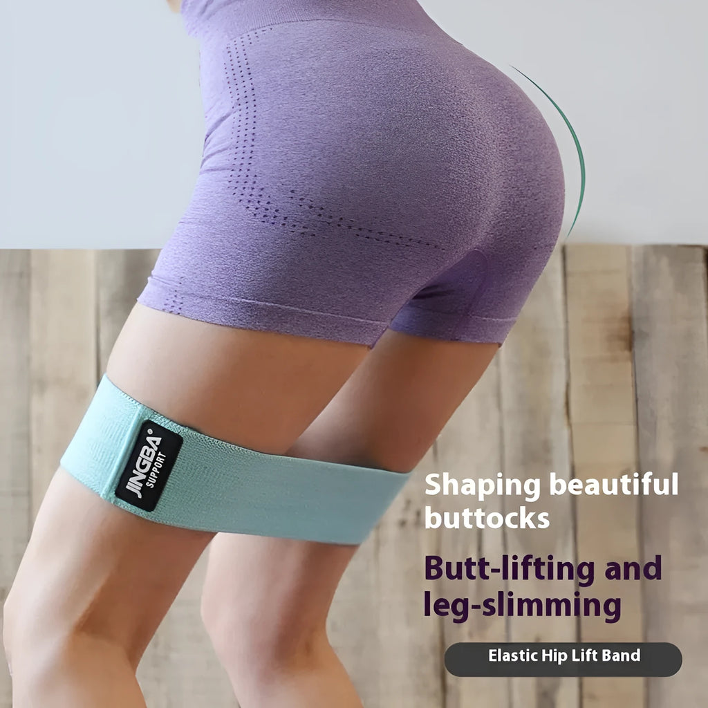 Polyester cotton resistance band in pink, green, or purple, sizes M 66cm, L 76cm, XL 86cm, with small medium large resistance.