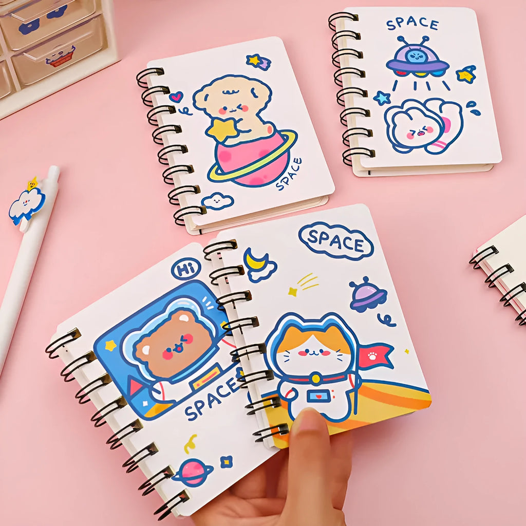 Astronaut series pocket flipper notebook showing 10.5x8cm size and themed cover options.