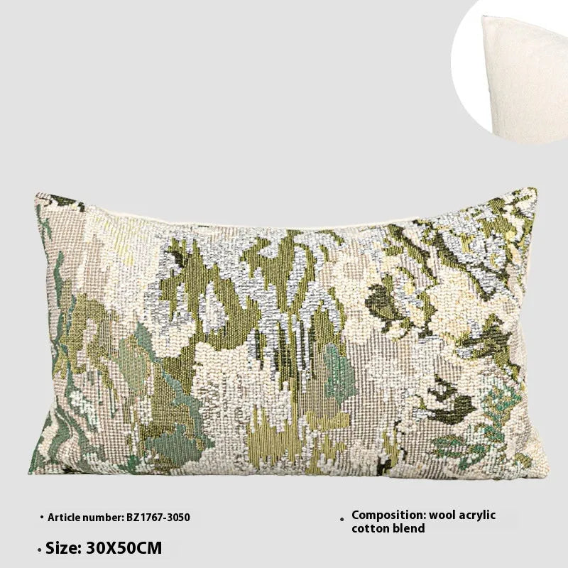 Antique green wool blend pillow case with abstract plant and flower pattern, shown in 50×50cm square size.
