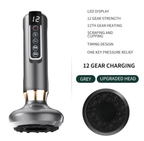 Green electric vacuum cupping massager device with USB cable on a white background