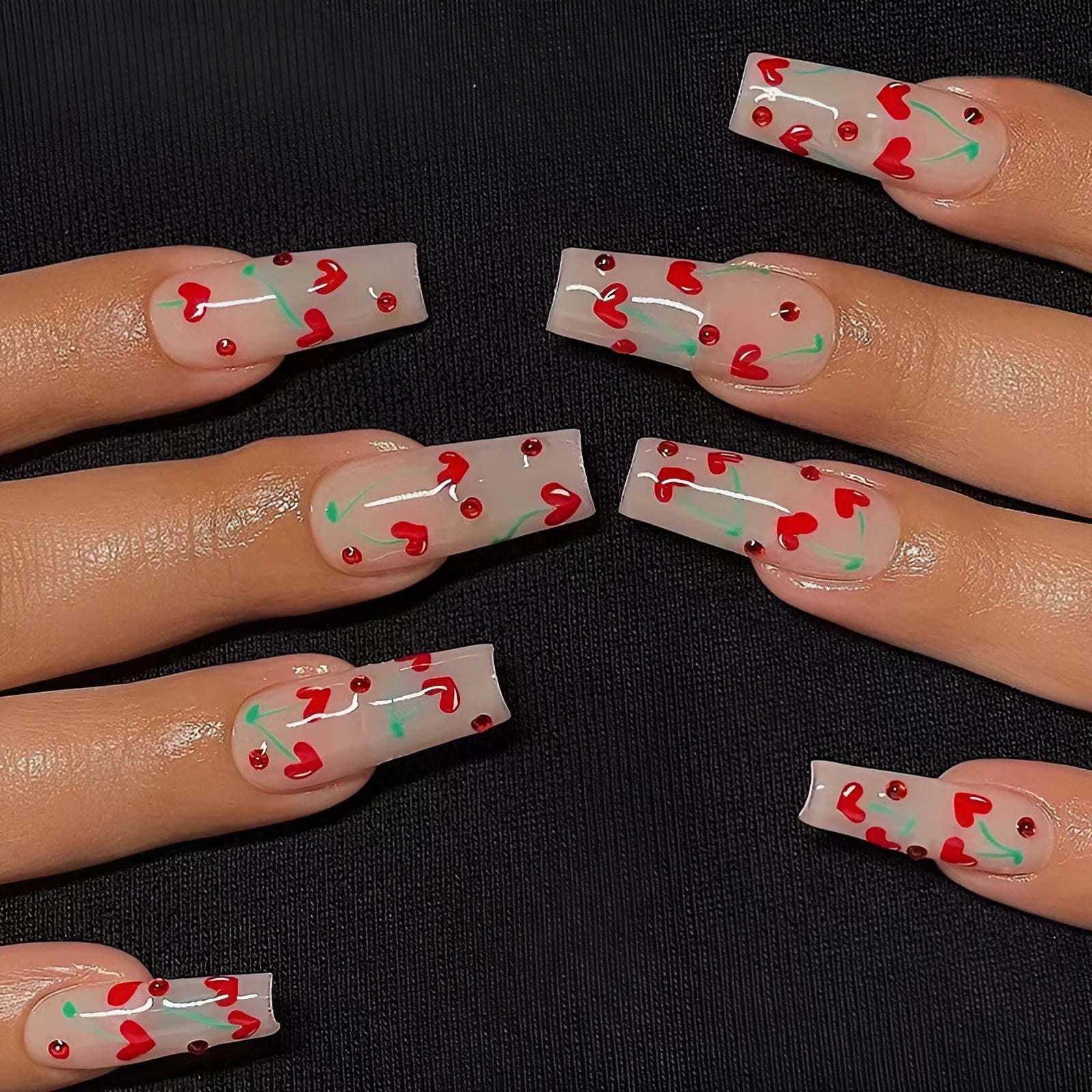 French Love Red Diamond Small Cherry nail armour decorations 24 pieces with adhesive glue