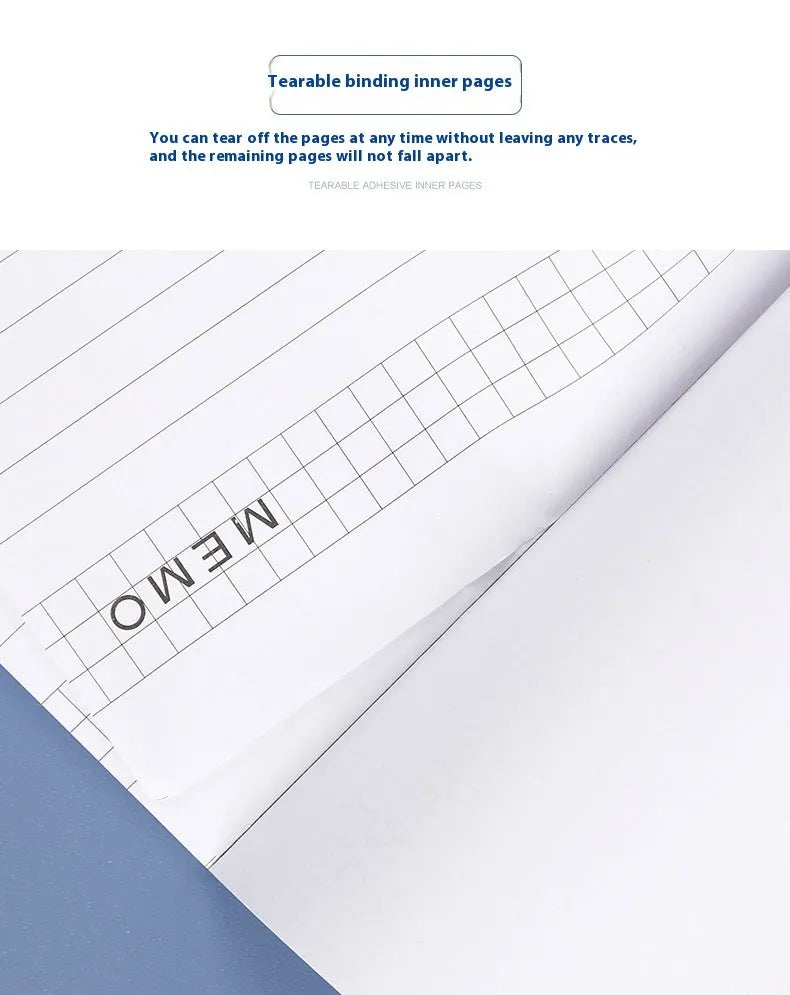 A4 tearable notebook with soft cover open to show gridded ivory white paper inside.