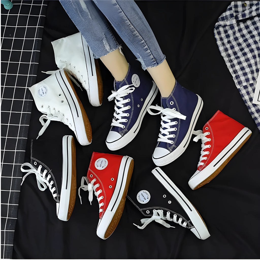 High-top canvas shoes with beef tendon vulcanised sole, front strap, plain design, red black white and dark blue