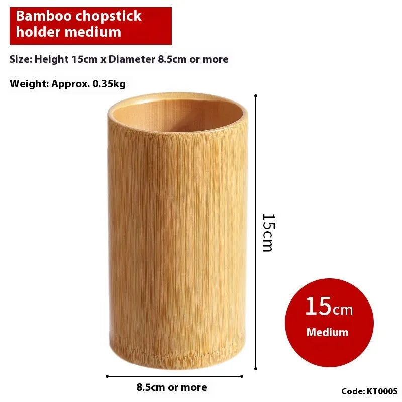 A creative bamboo chopsticks holder in various styles like Bevel, Groove, and Wooden Barrel on a table.