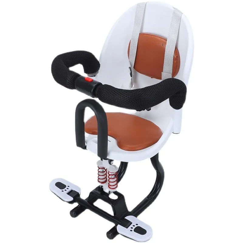 High carbon steel front child seat for battery scooter in red, white, or black.
