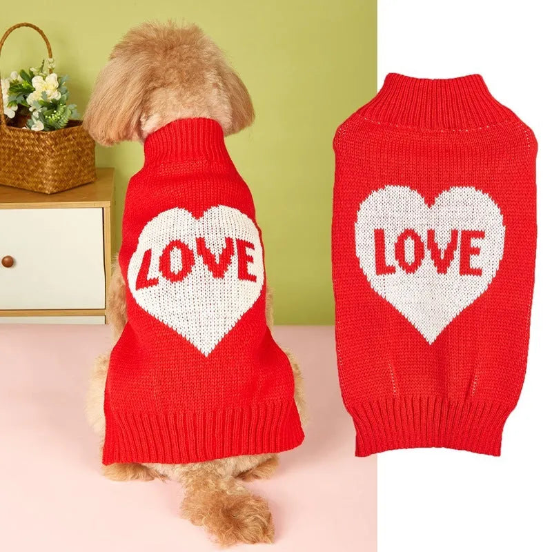 Acrylic dog sweater with decorative bow and love heart designs in red and pink colour options