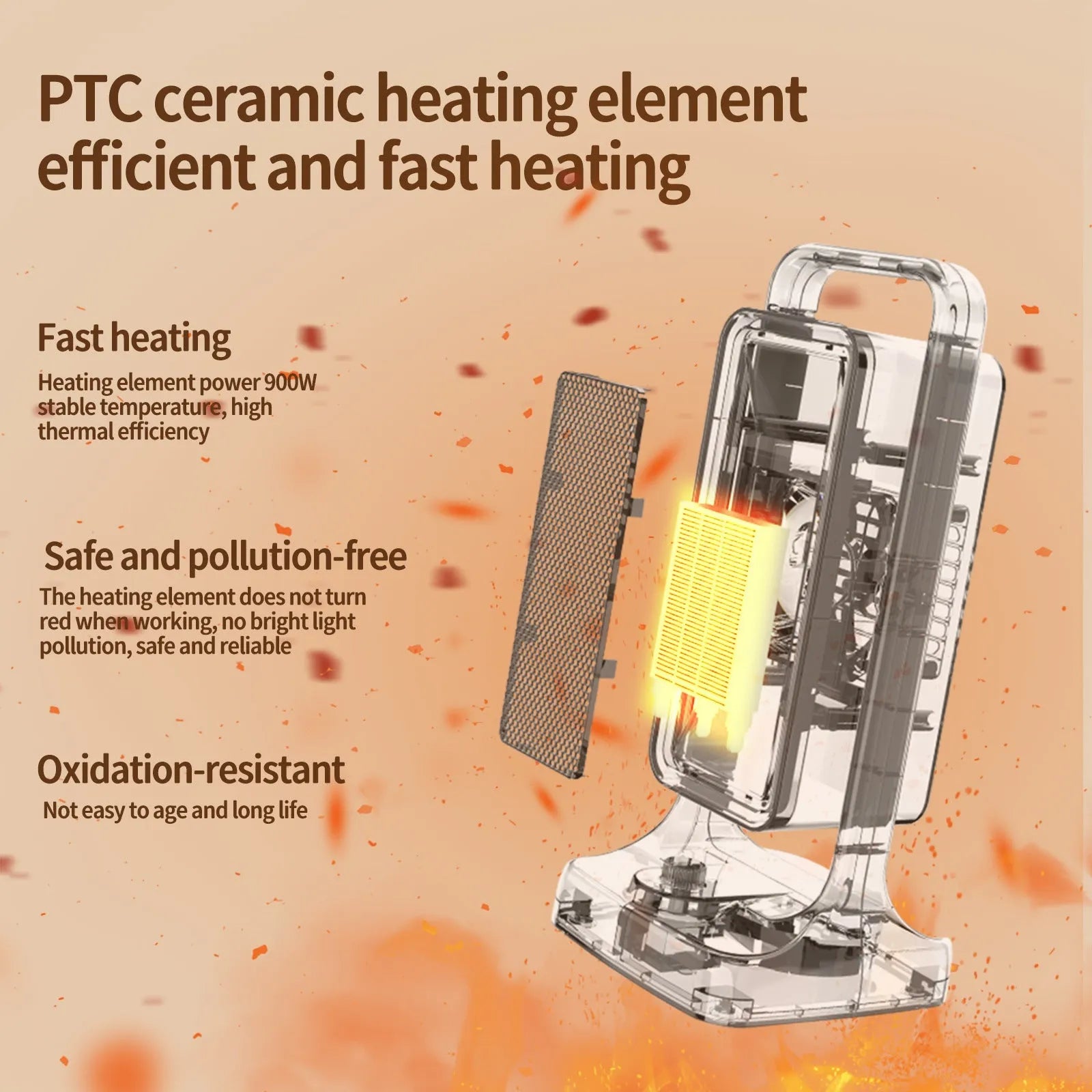 Black PTC ceramic desktop air heater with control knob on a flat surface.