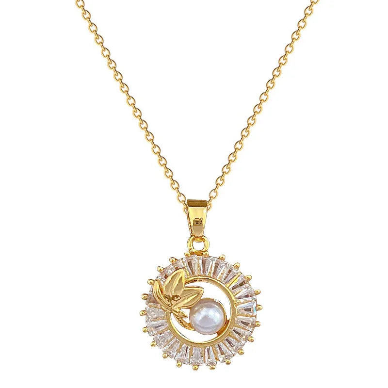 Women's titanium steel necklace and earrings set with square diamond ring pendant and leaf design.