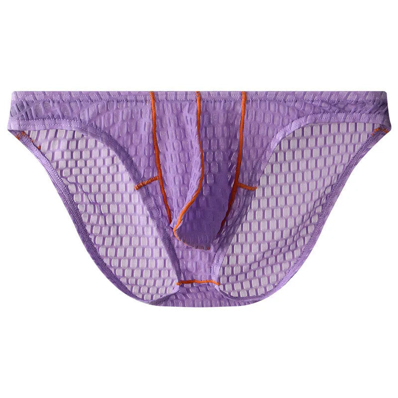 Men's ice silk lace briefs with low waist design in white, black, green, rose red, and light purple colours