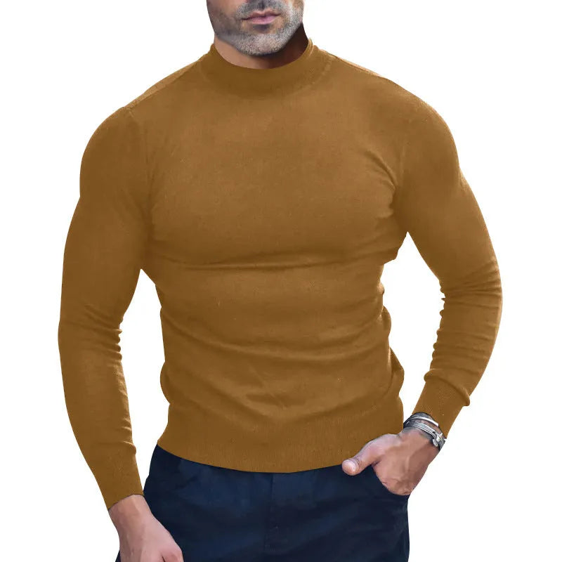 Men's mid-neck knitted pullover jumper in khaki, black or beige, slim fit long sleeve polyester sweater