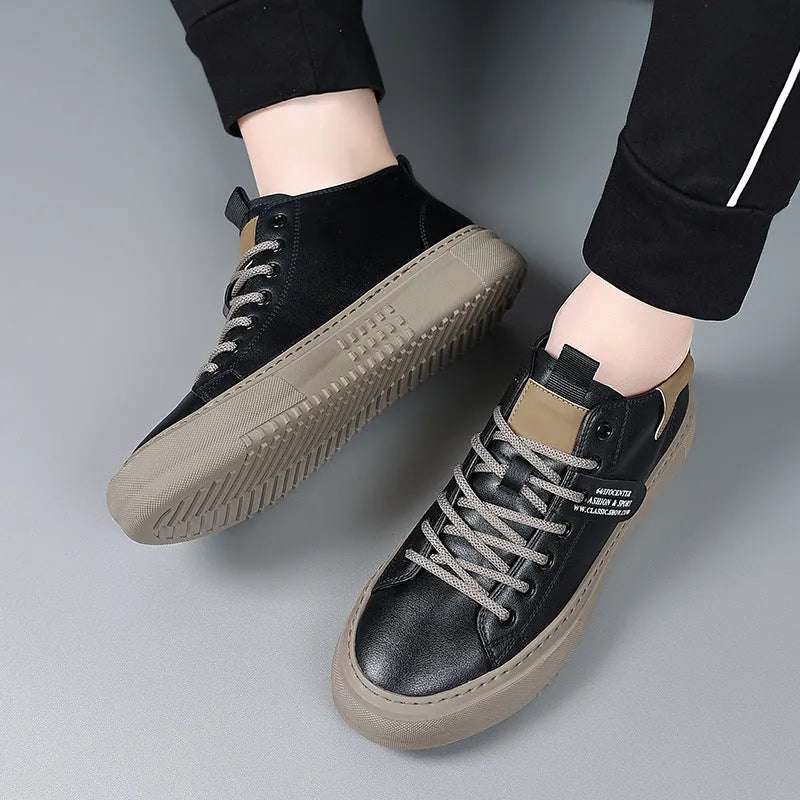 Men's middle top leather lace-up casual shoes with rubber sole, round toe and flat heel, in black or white