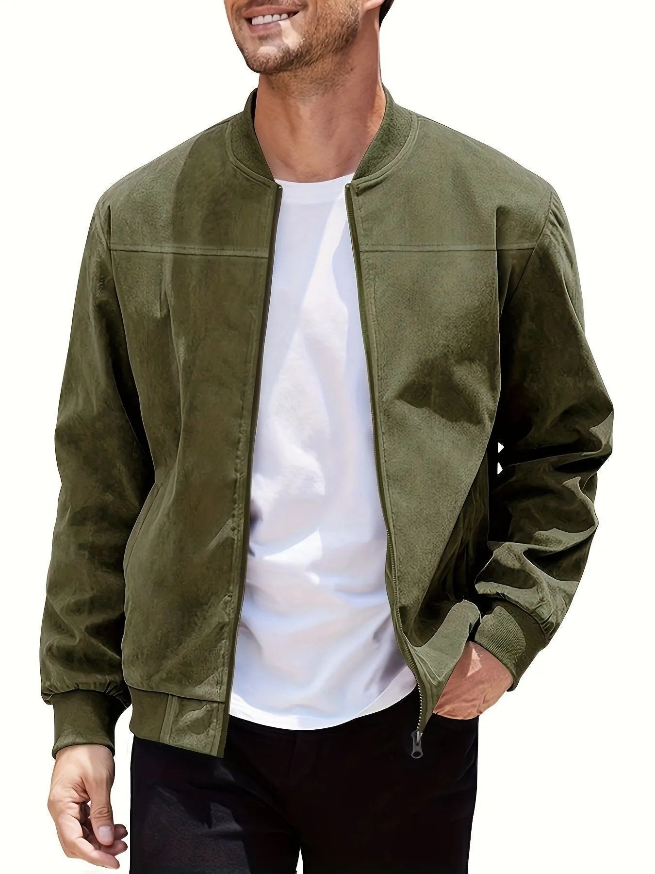 Men's plus-size suede-effect zip jacket in army green on a hanger.