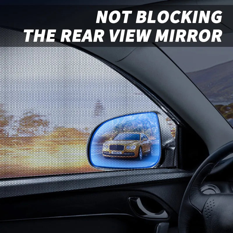 Set of four grey mesh car side window sunshades with elastic edges, shown fitted on a car.
