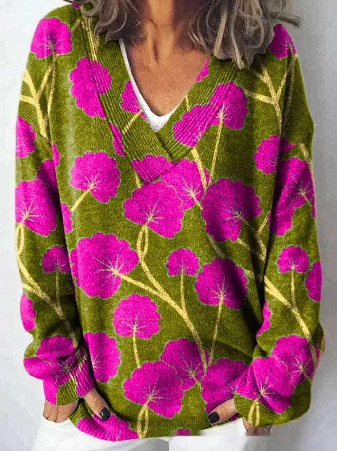 Women's V-neck sweatshirt with 3D floral pattern print in polyester fabric