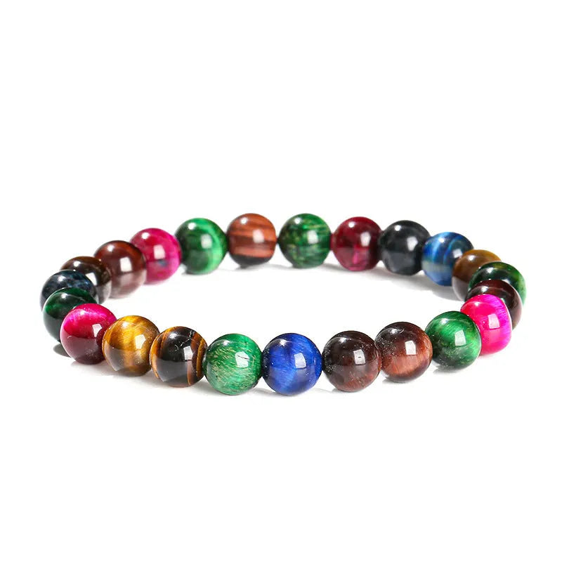 Colourful Tiger Eye bracelet showing mixed 6mm 8mm 10mm 12mm bead sizes on string