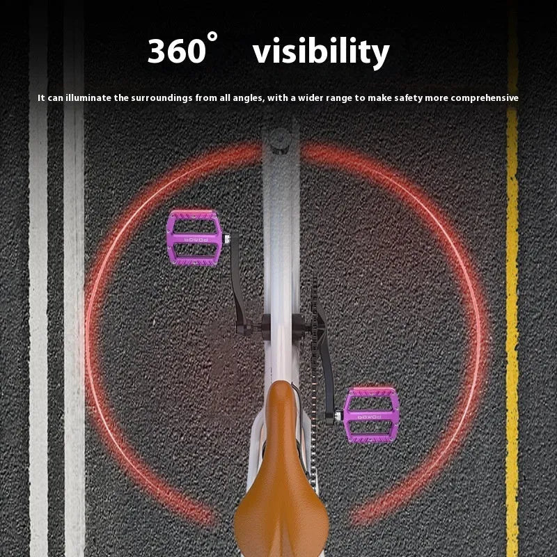 Bicycle pedal with LED lights in aluminium alloy construction, showing multiple colour options