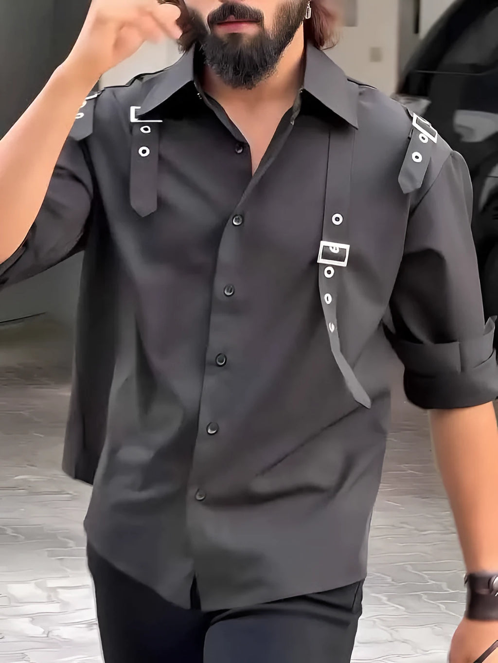 Men's black utility button-up shirt with regular fit on a model.