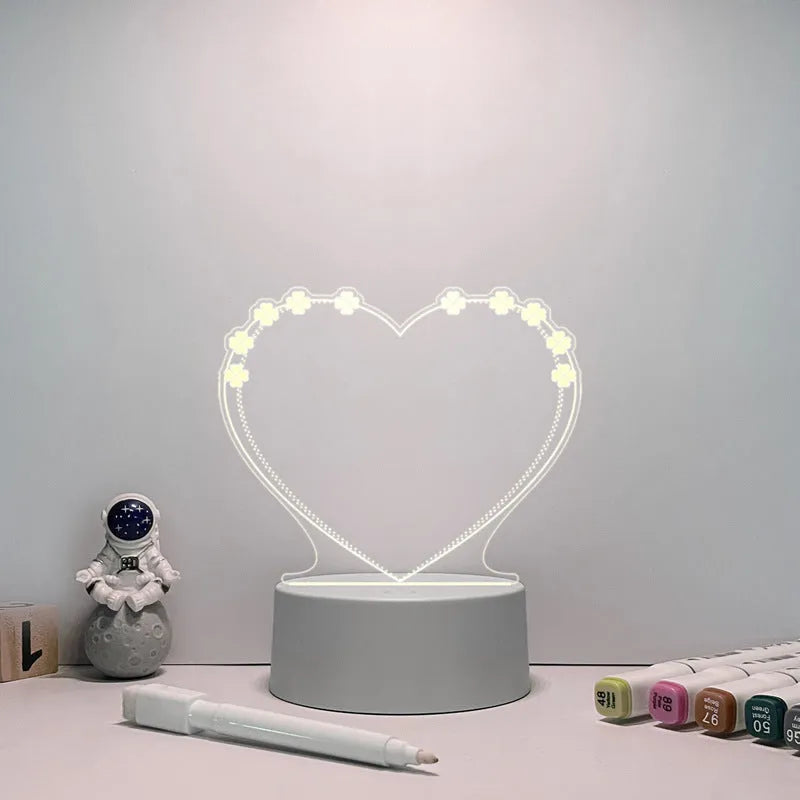 Acrylic message board night lamp with round base and warm light, four interchangeable panels, USB powered