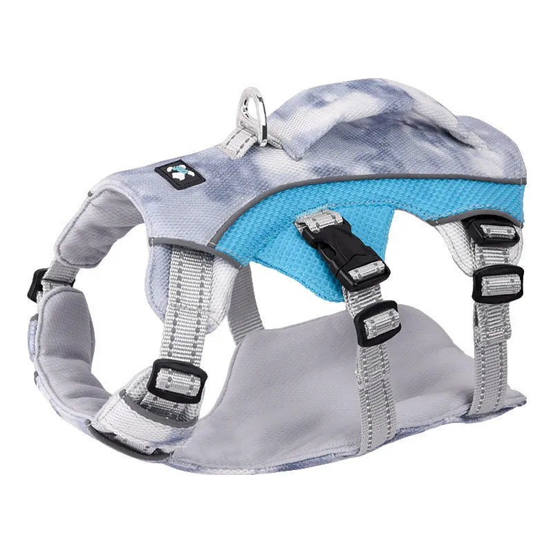 Reflective adjustable dog harness in light blue colour with chest strap design
