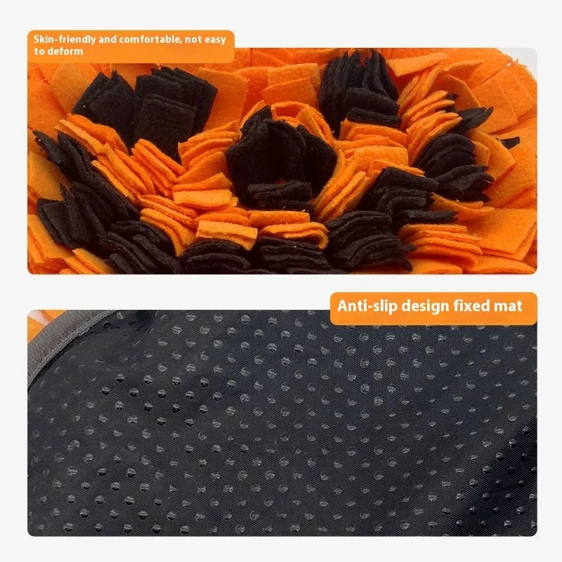 Pumpkin-shaped pet slow feed mat measuring 25x34cm in orange fleece for dog and cat scent training