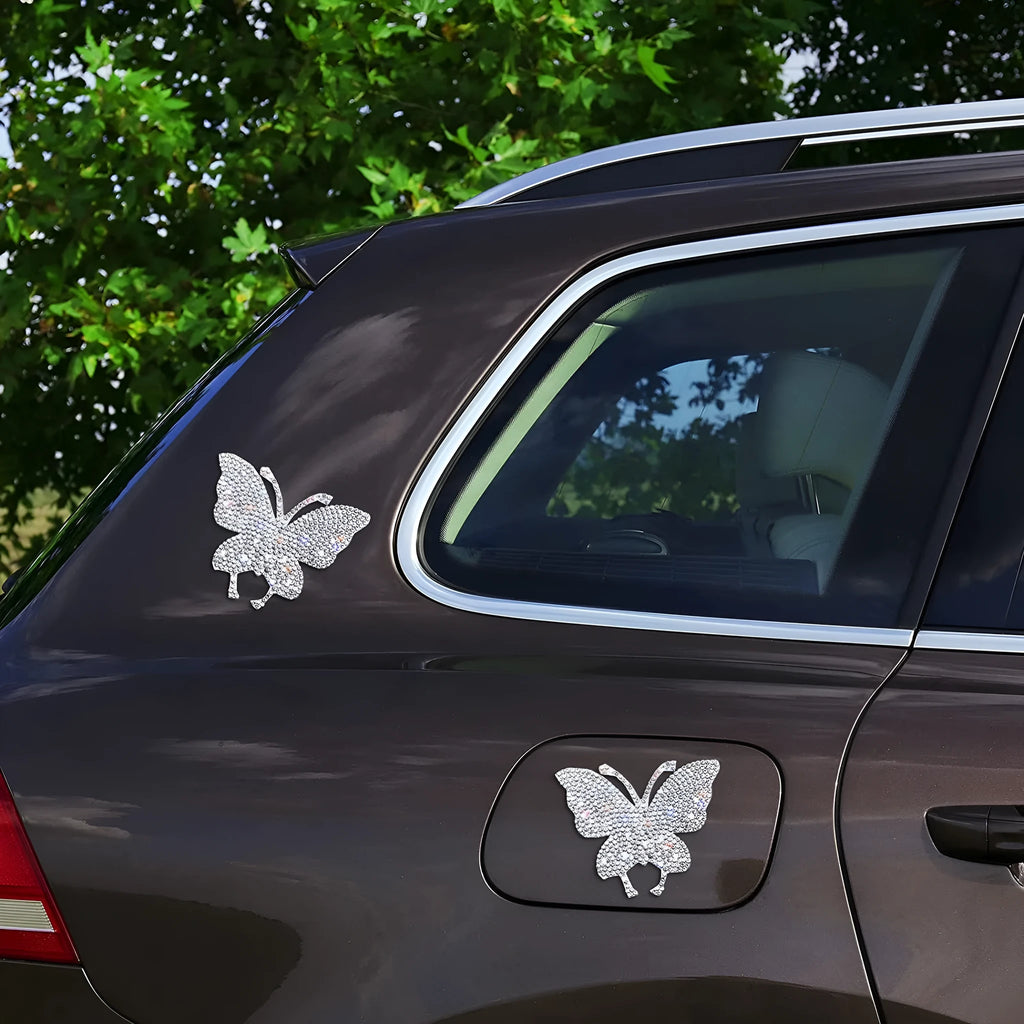 Glass diamond car sticker showing bear paw and butterfly design options on a 7x6cm patch.