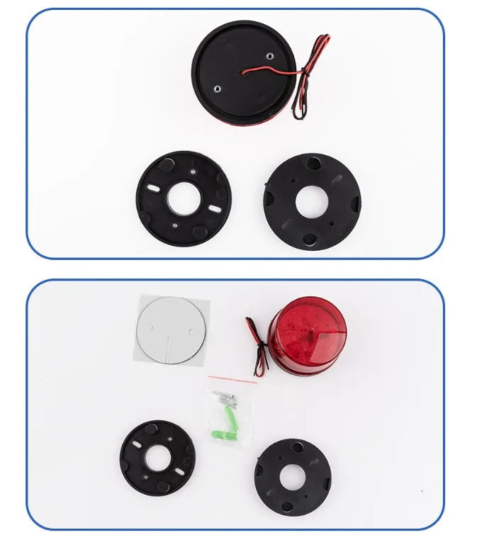 Small 73mm diameter 24V warning light with strobe and siren in red yellow blue green colours