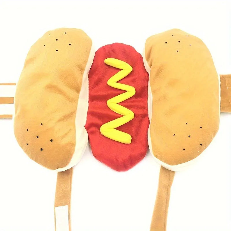 Red and beige hot dog costume coat for a small dog on a Dachshund, showing velcro closure.