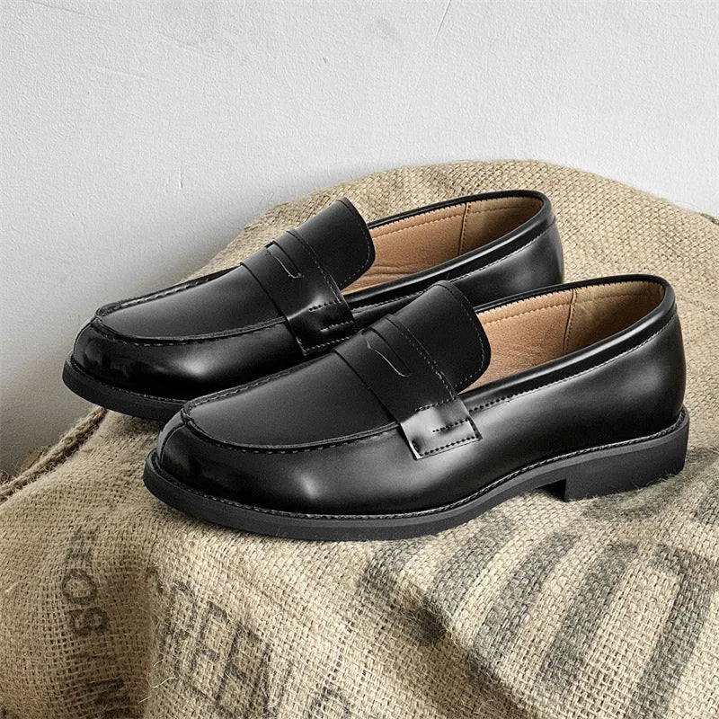 Men's black slip-on Derby leather shoes with a microfibre upper and rubber sole.