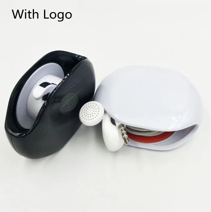Automatic earphone cable winder retractor in blue, showing compact size next to a 3.5mm jack.