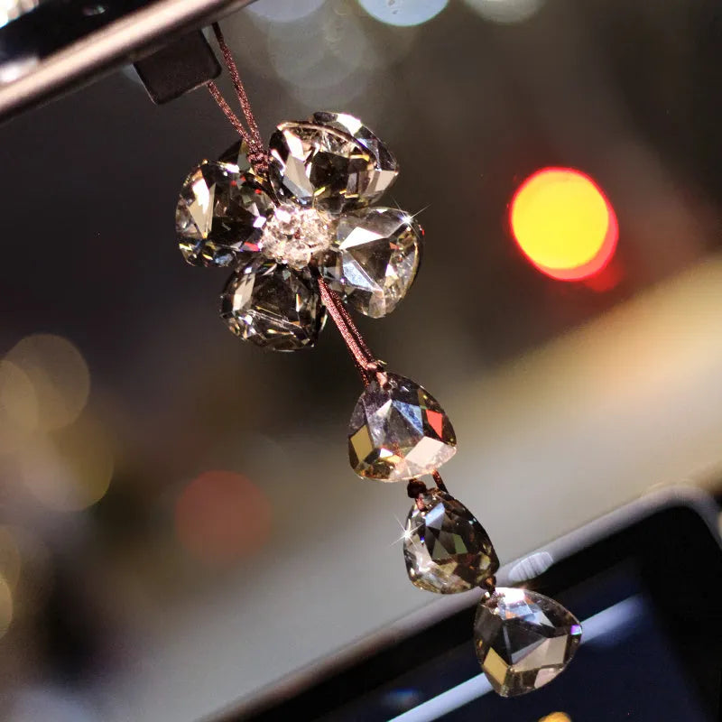 Crystal Four Leaf Grass car pendant decoration in four colour options on a 20cm chain.