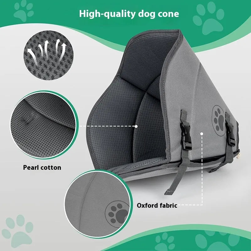 A soft, white, adjustable fabric recovery collar for pets, shown on a flat surface.