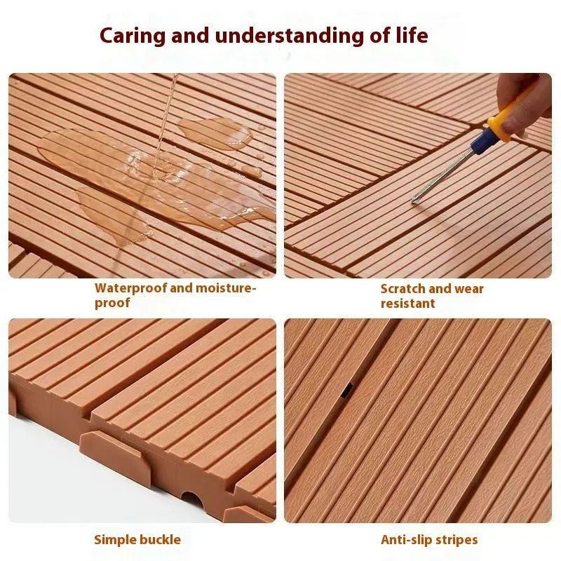Wood grain plastic floor tile measuring 300x300mm, showing non-slip surface texture