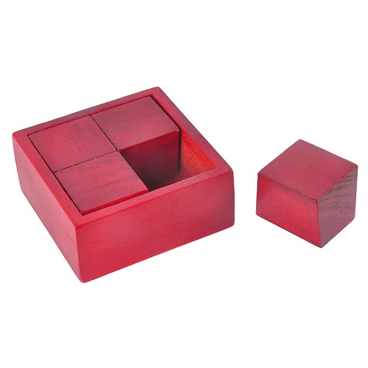 Red wooden magic box with Kong Ming Lock, 9.5cm size, angled view showing box and puzzle lock