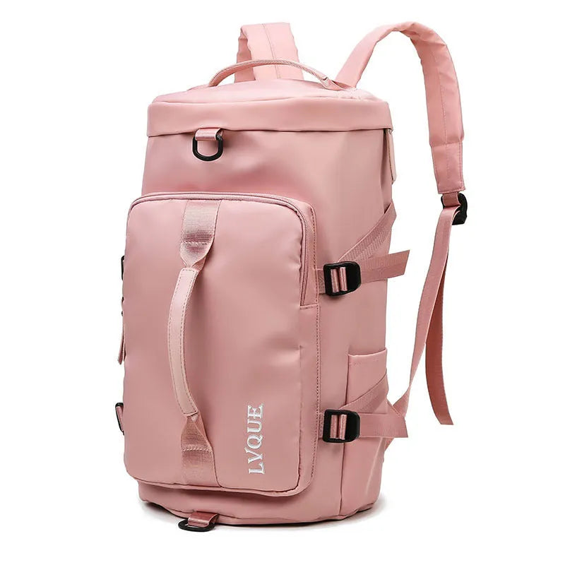 Waterproof nylon gym backpack showing shoe compartment, multiple pockets, and combination lock in blue colour