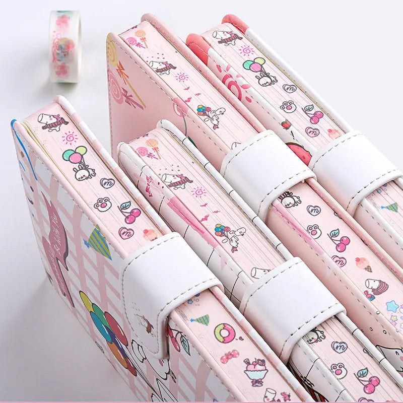 Small white notebook with magnetic buckle showing Kaba Bear Hippo design on PU leather cover
