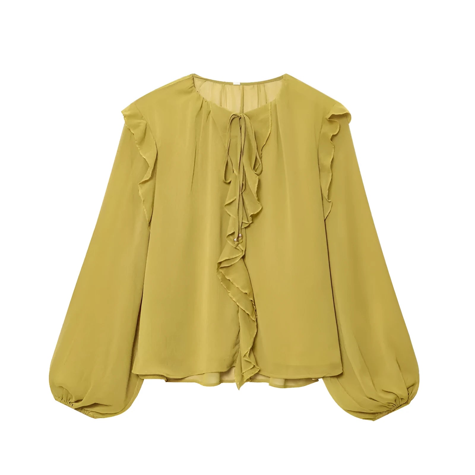 Women's yellow ruffled laminated decorative shirt with printed plants and flowers, button front, long sleeves
